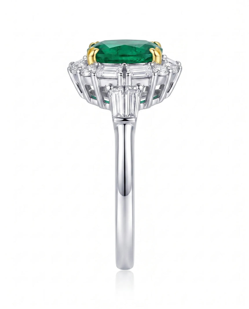 Cushion emerald diamond statement ring in platinum | SARATTI