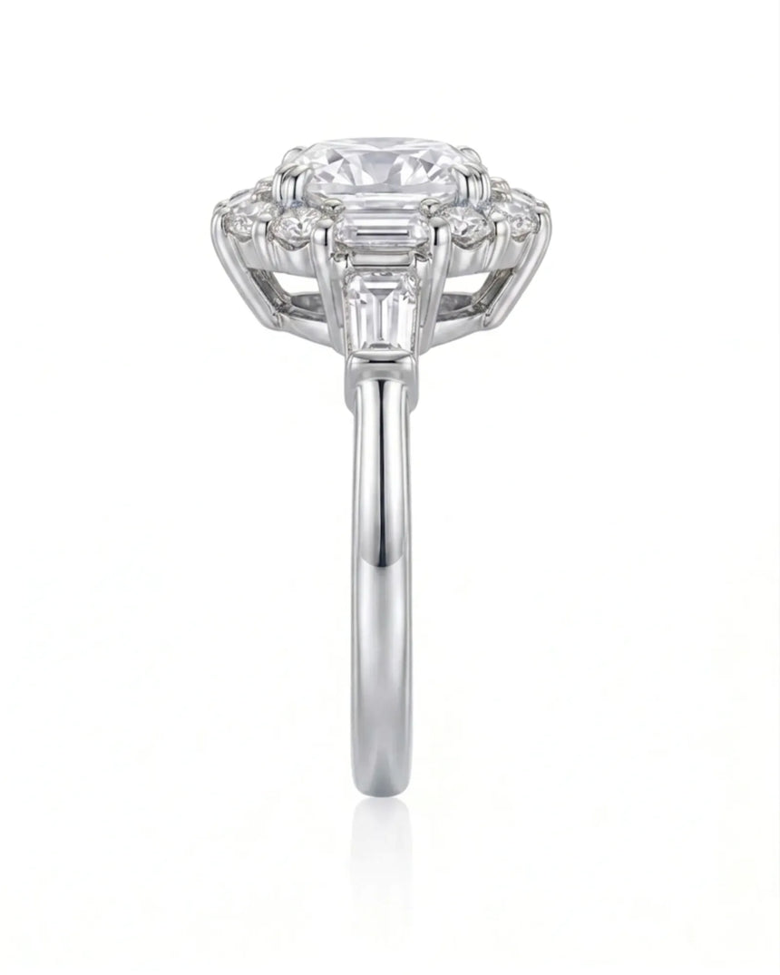 Cushion halo moissanite engagement ring for a refined proposal crafted in platinum | SARATTI