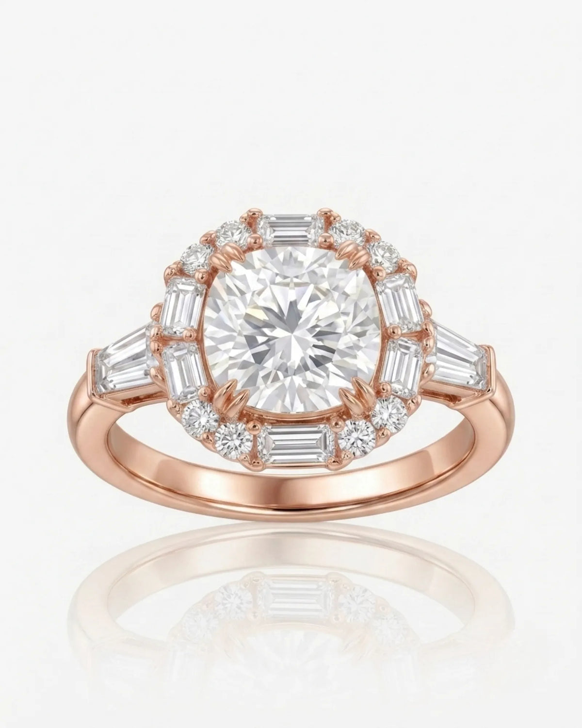 Cushion halo moissanite engagement ring for a romantic refined proposal in rose gold | SARATTI