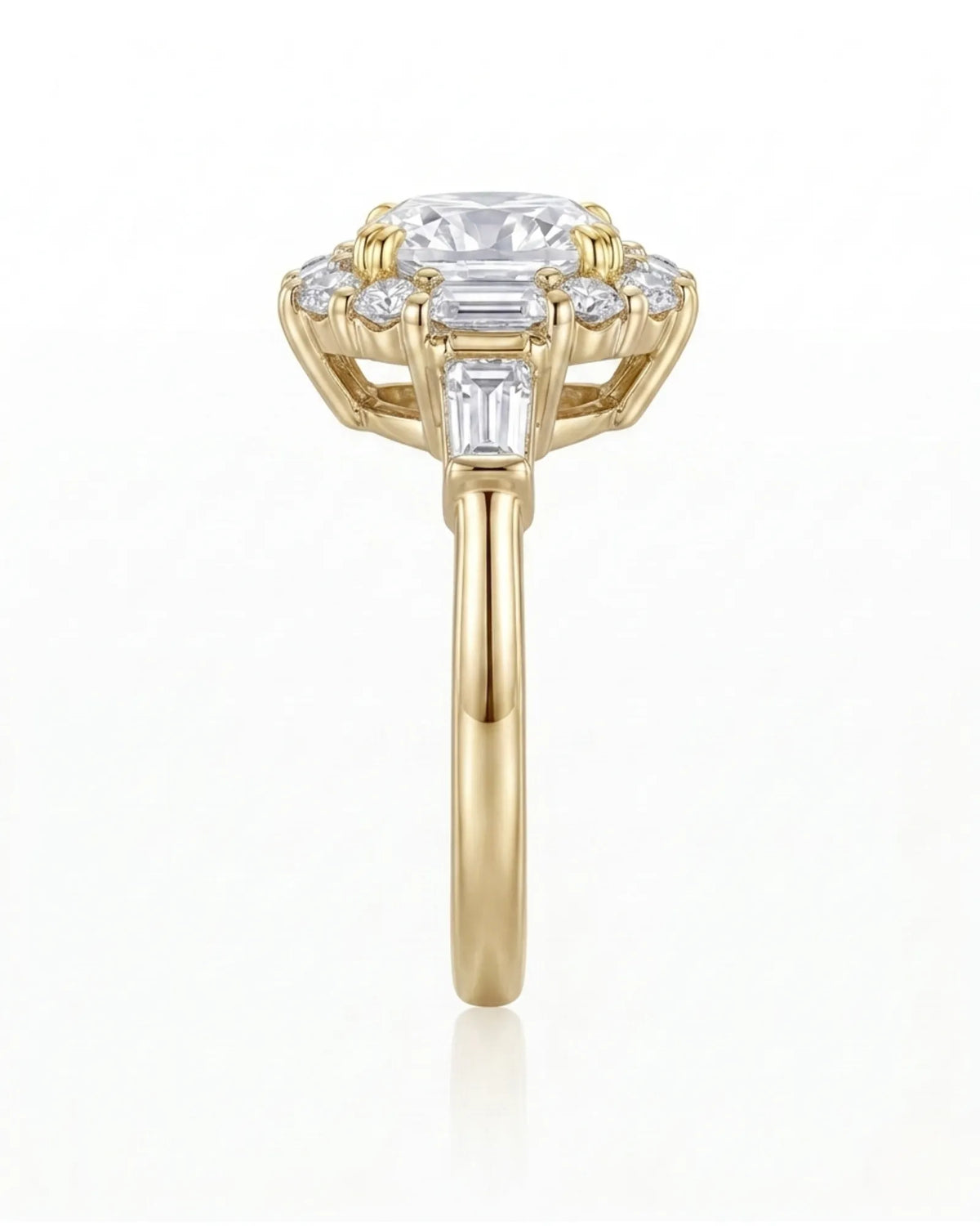 Cushion halo moissanite engagement ring for a warm refined proposal in yellow gold | SARATTI