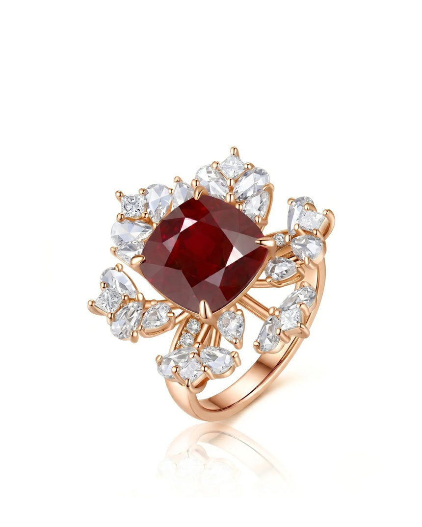 Cushion ruby ring with floral diamond halo in polished 18K rose gold | SARATTI
