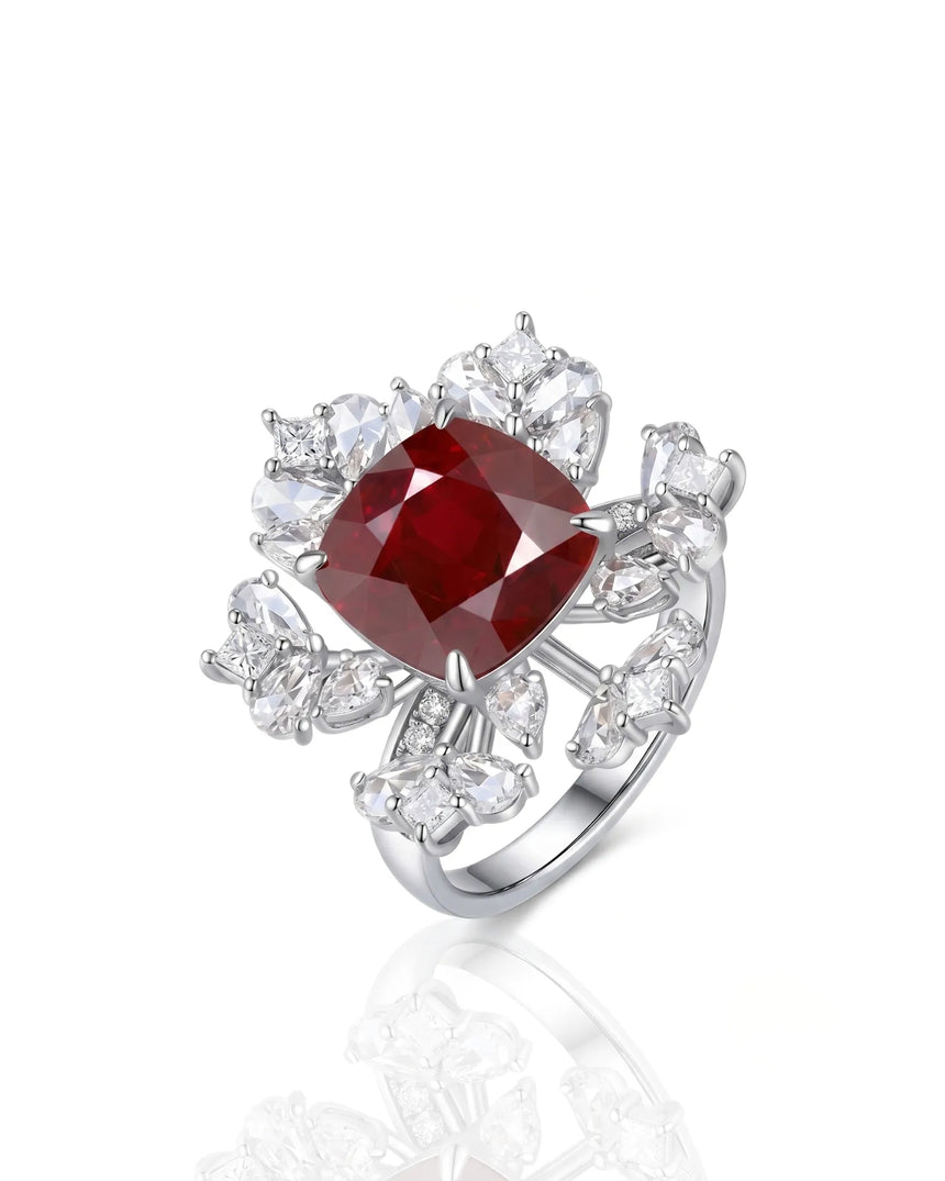 Cushion ruby ring with floral diamond halo in polished platinum craftsmanship | SARATTI