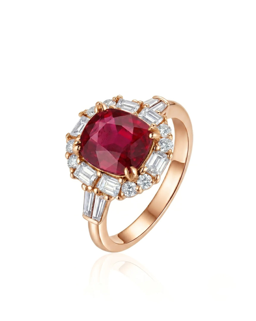 Cushion ruby ring with mixed diamond halo in 18K rose gold | SARATTI
