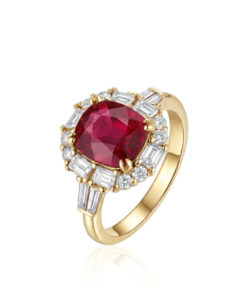 Cushion ruby ring with mixed diamond halo in 18K yellow gold | SARATTI