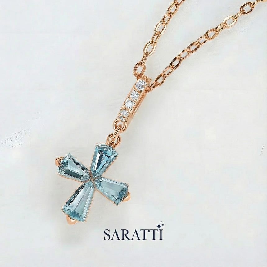 Custom-Cut Aquamarine Cross Design in Rose Gold. - SARATTI