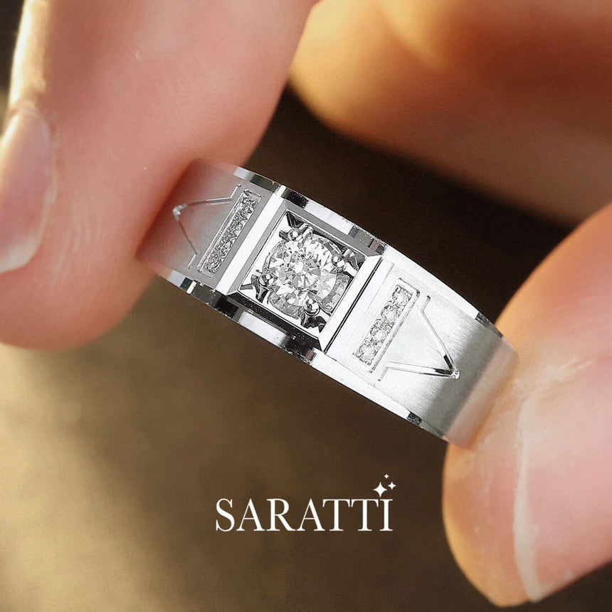 Model Holds the White Gold Adamantine Courage Diamond Ring for Men | Saratti