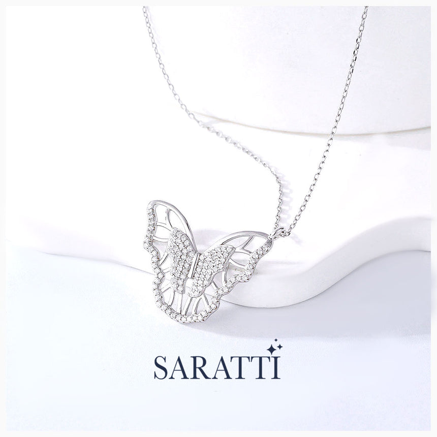 Diamond Bedecked Butterfly Baron Silver Necklace | Saratti