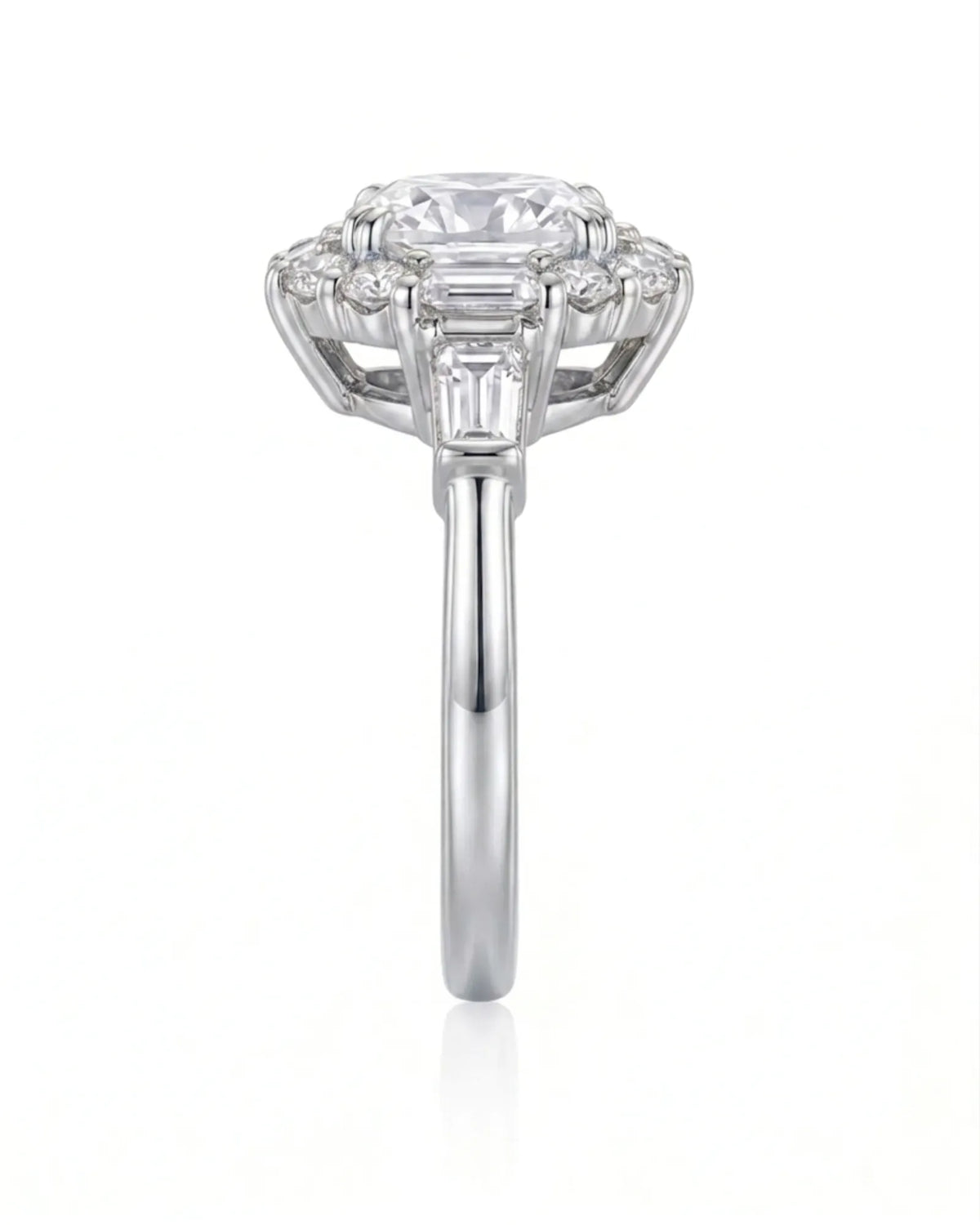 D color cushion moissanite framed by baguette and round side stones in 18K white gold | SARATTI