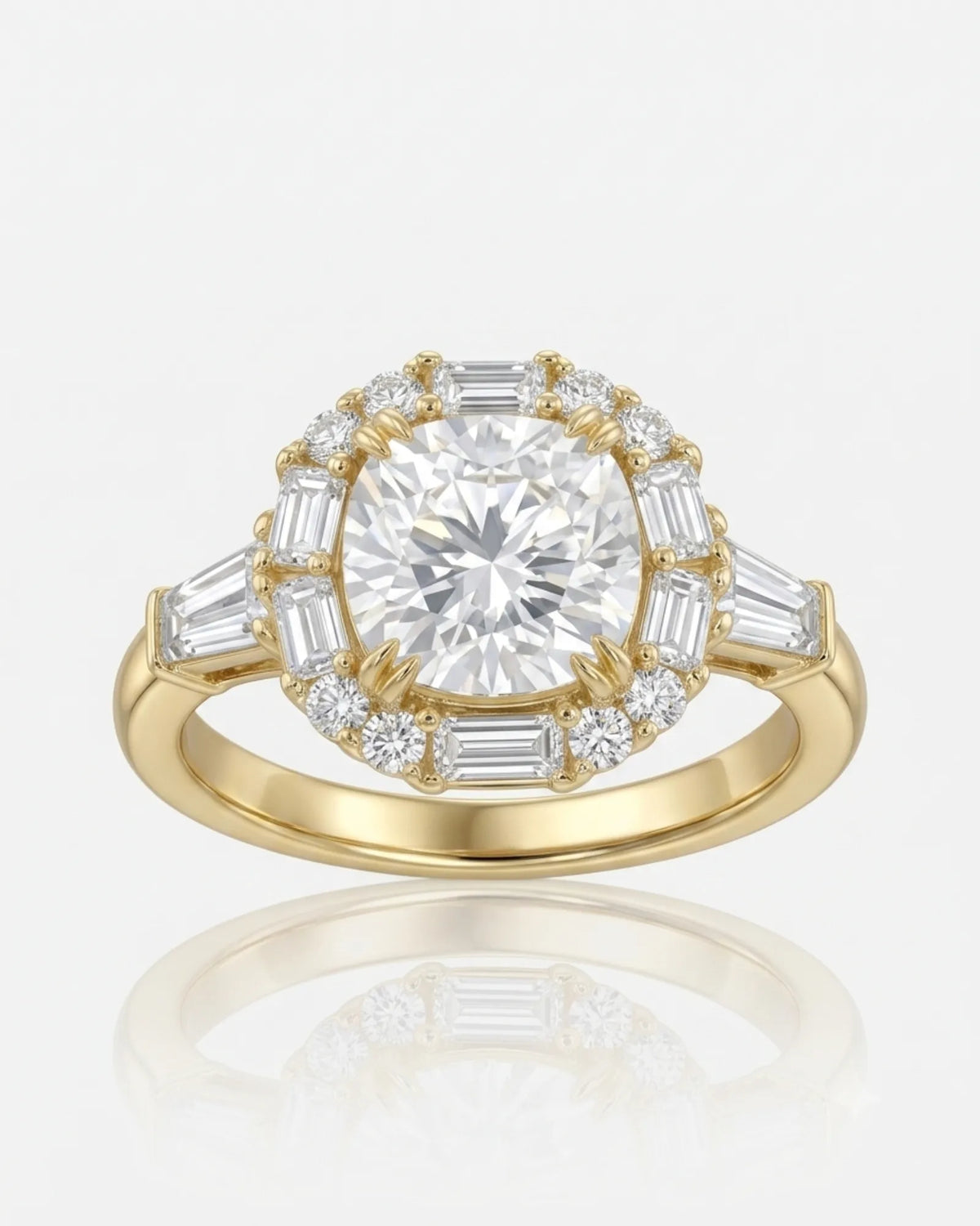 D color cushion moissanite framed by baguette and round side stones in 18K yellow gold | SARATTI