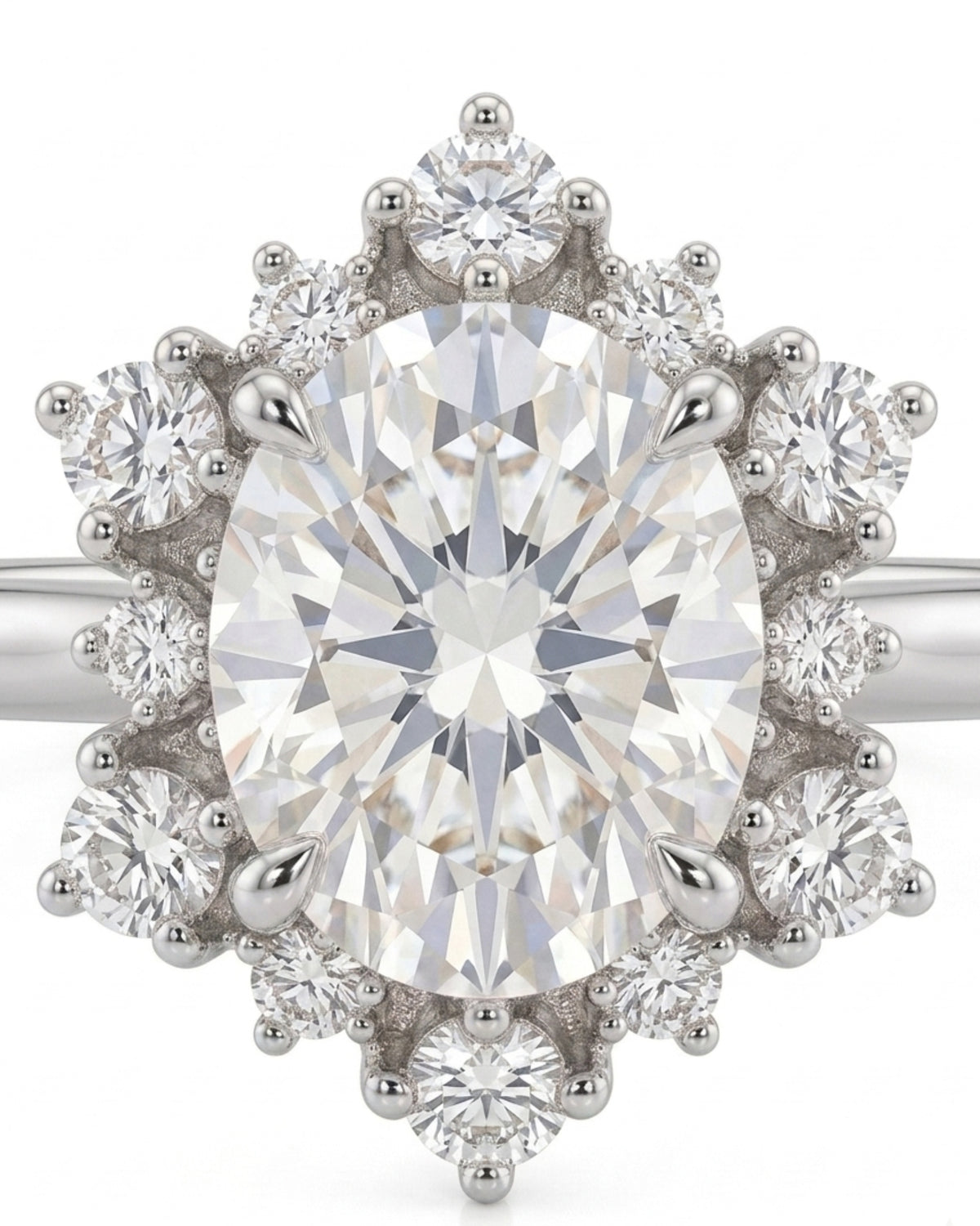 D color oval moissanite framed by round moissanite stones in enduring platinum | SARATTI