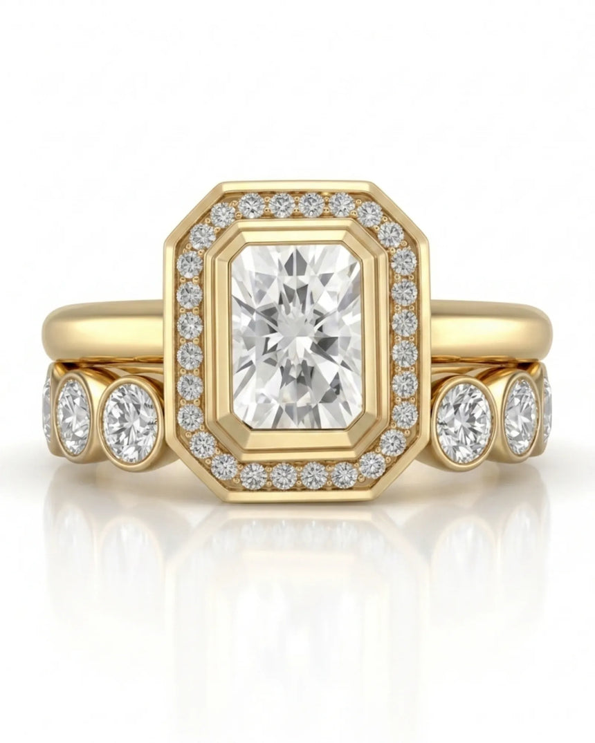 D color radiant moissanite center framed by round moissanite accents in polished 18K yellow gold | SARATTI