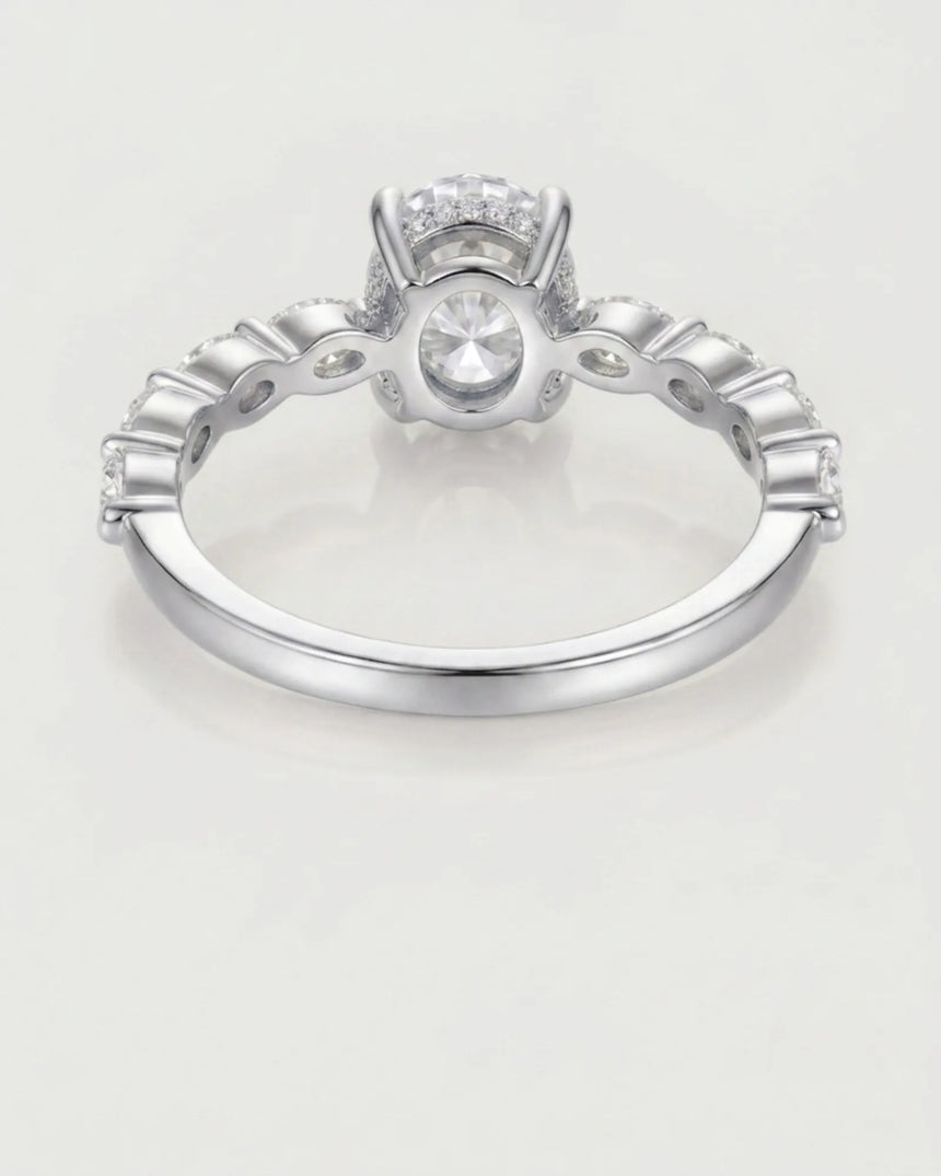D colorless oval moissanite ring with marquise stones and hidden halo crafted in platinum | SARATTI