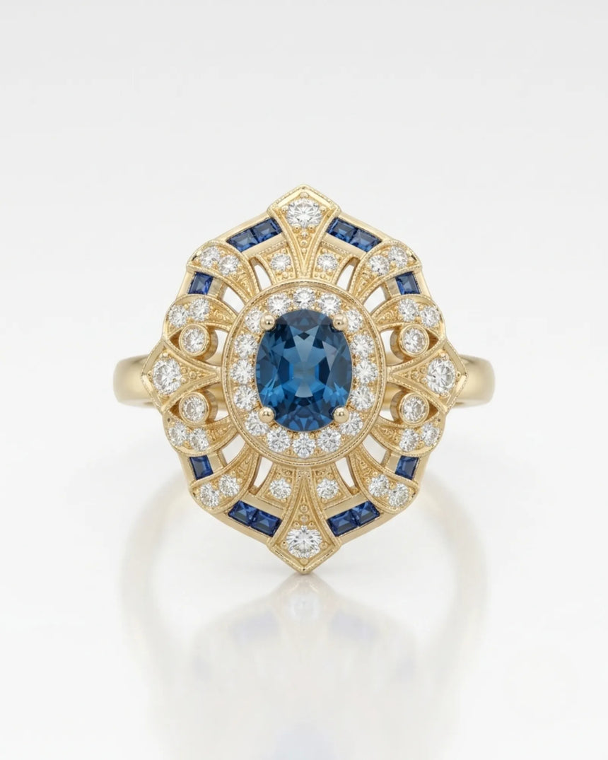 Deep London Blue oval topaz ring framed by round diamonds in 18K yellow gold | SARATTI