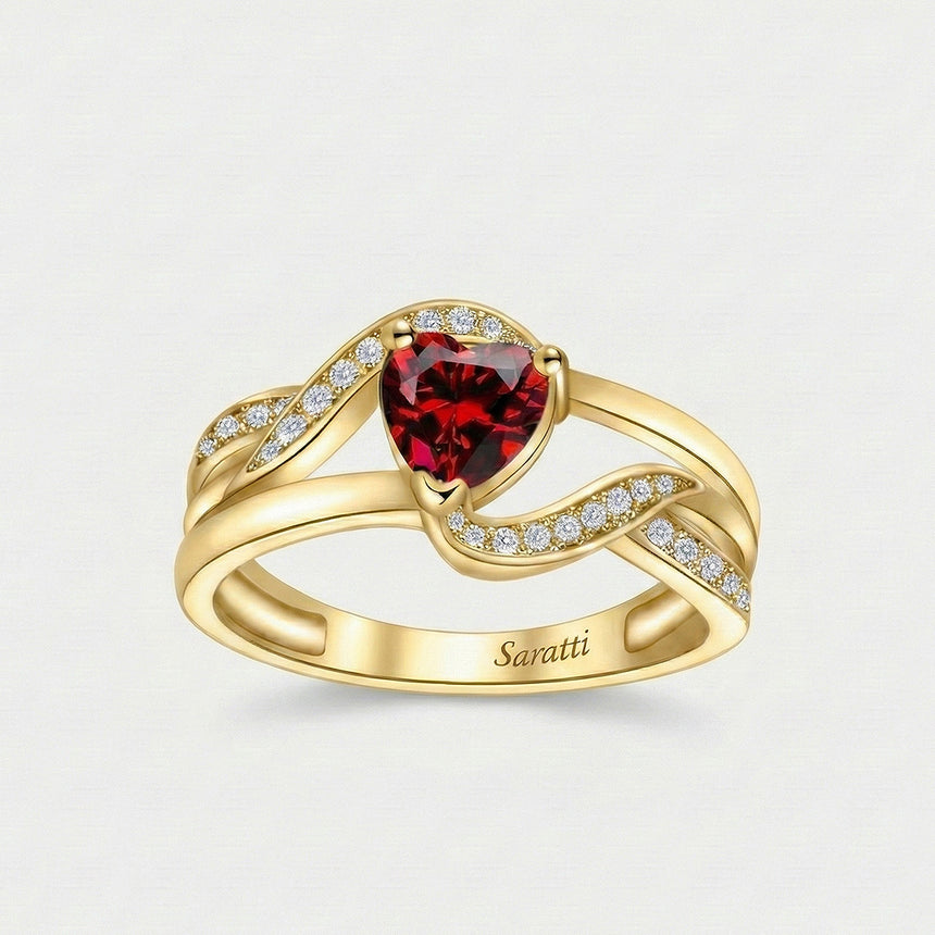 Amore Granato garnet ring luxury handcrafted ring in 18K yellow gold lying down | SARATTI