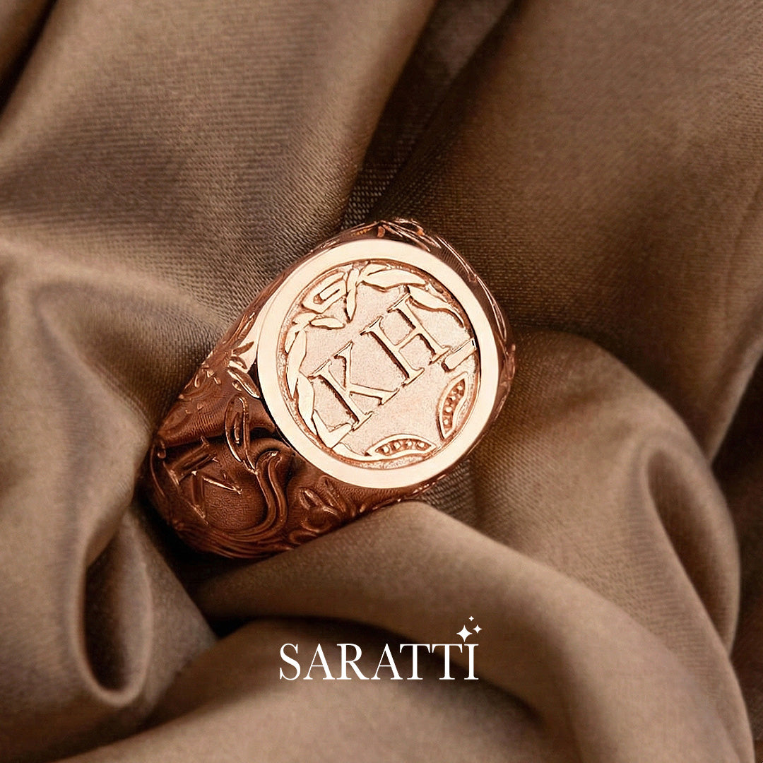 Mens initial ring handcrafted vintage design in 18K rose gold | SARATTI