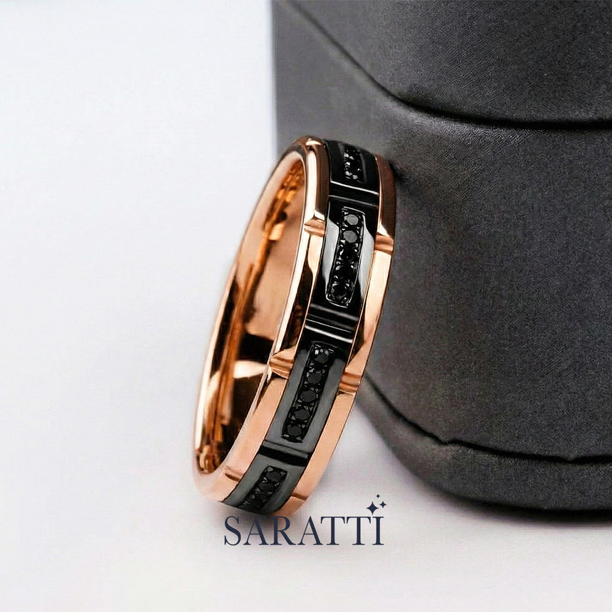 Black Diamond 4mm mens wedding band handcrafted design in 18K rose gold | SARATTI
