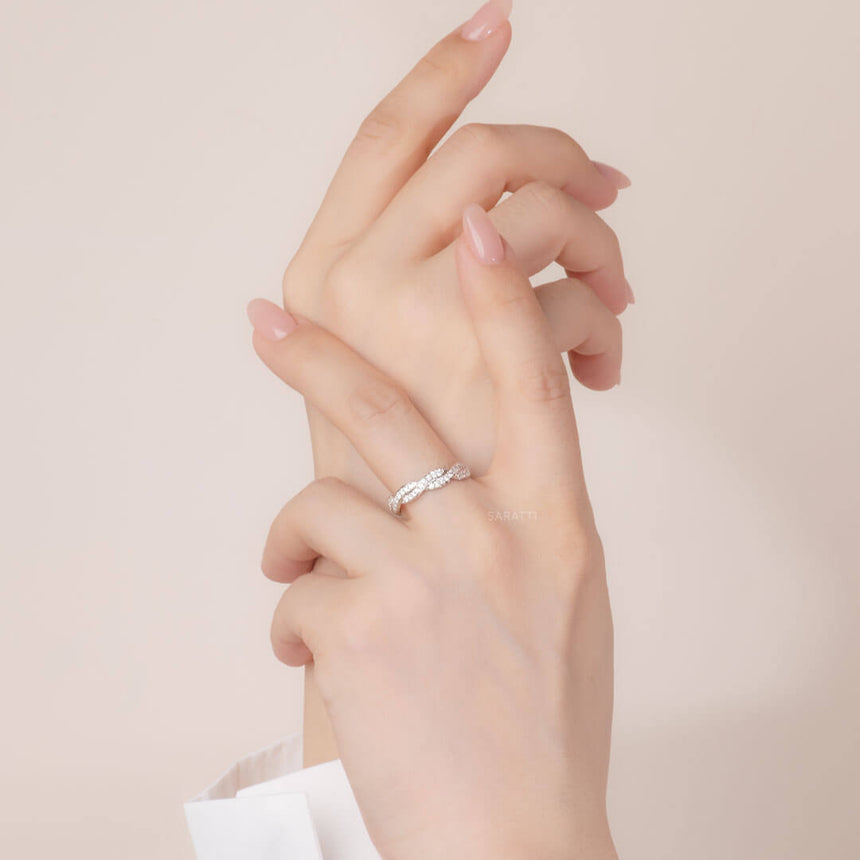 Model Wearing the Twisted Shank Vintage Diamond Eternity Band in White Gold | Saratti