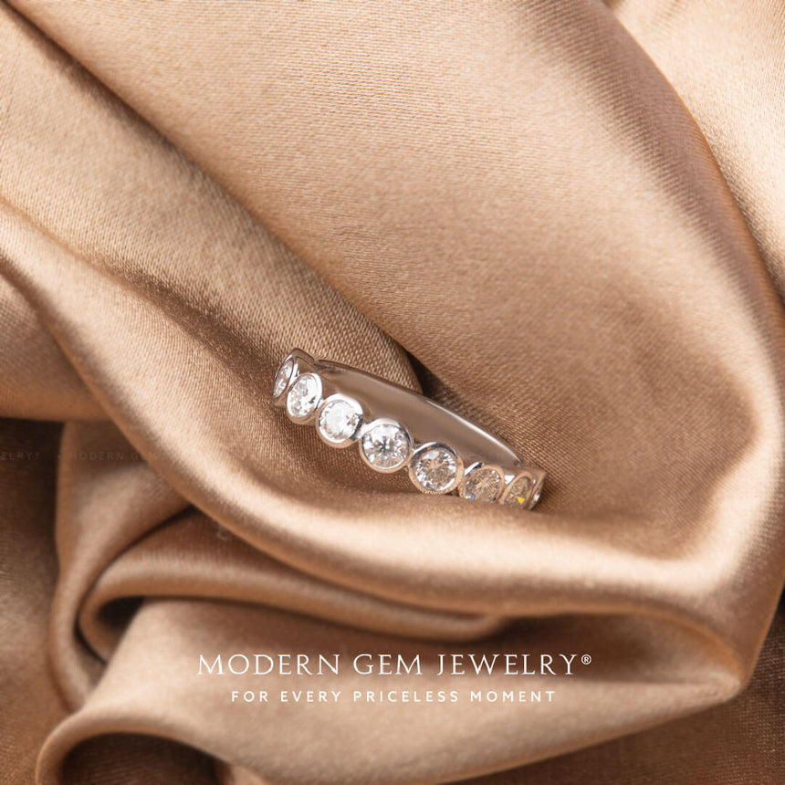 Sparkling Half Eternity Diamond Band on Brown Silk Sheet | Modern Gem Jewelry | Saratti