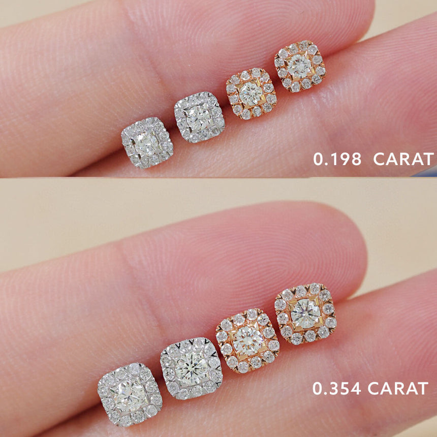 18K Rose Gold Tiny Diamond Stud Earring Array on Model's Finger | Saratti | Custom High and Fine Jewelry