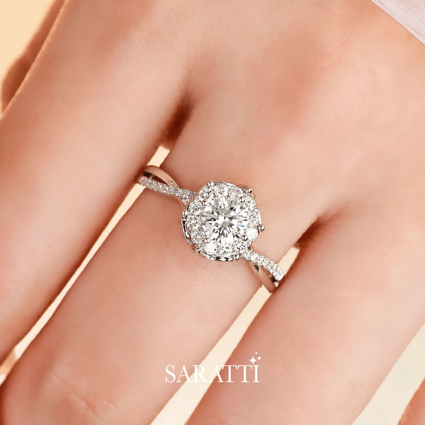 Diamond Engagement on Finger - Dream Diamond Ring in Platinum with Round Diamond and Halo Design - Saratti Jewelry