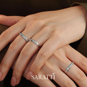 Model wears three Channel Set Natural Diamond Eternity Wedding Bands in White Gold side by side | Saratti