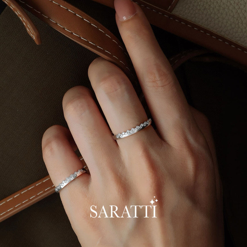 Model wears two Princess Tiara Diamond Eternity Wedding Bands in White Gold  | Saratti