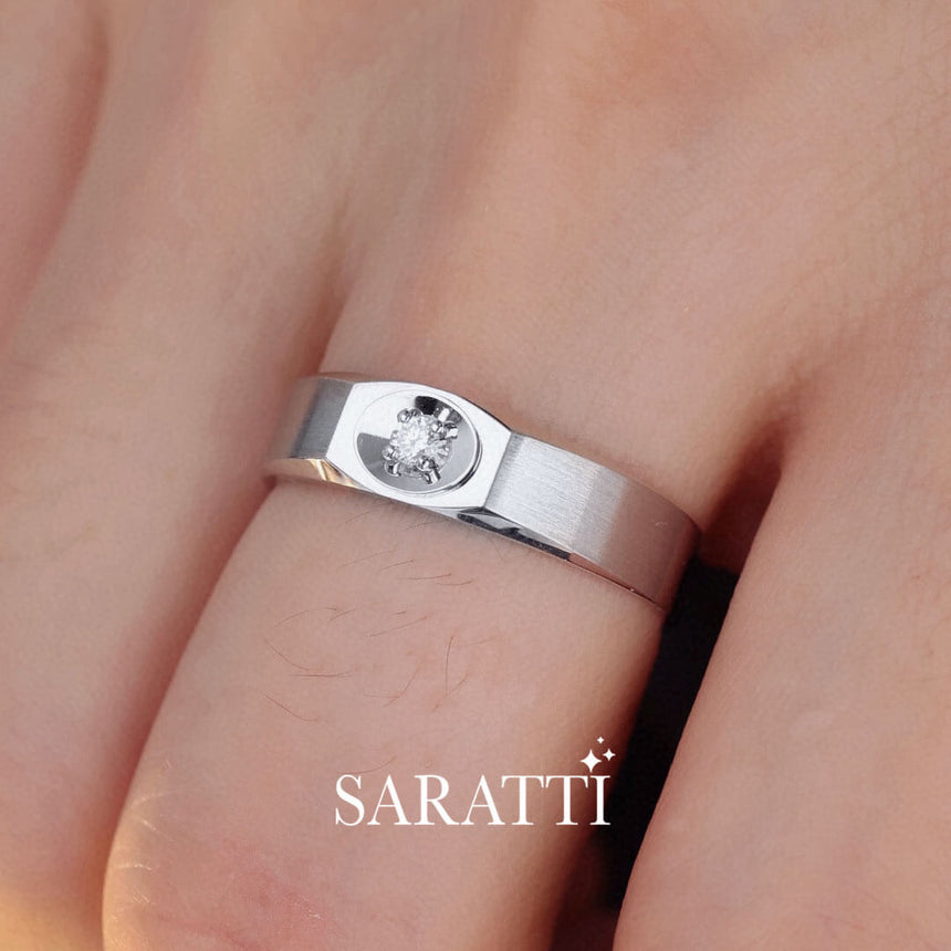 Model Wears White Gold Prong Set Art Deco Diamond Dome Ring for Men | Saratti