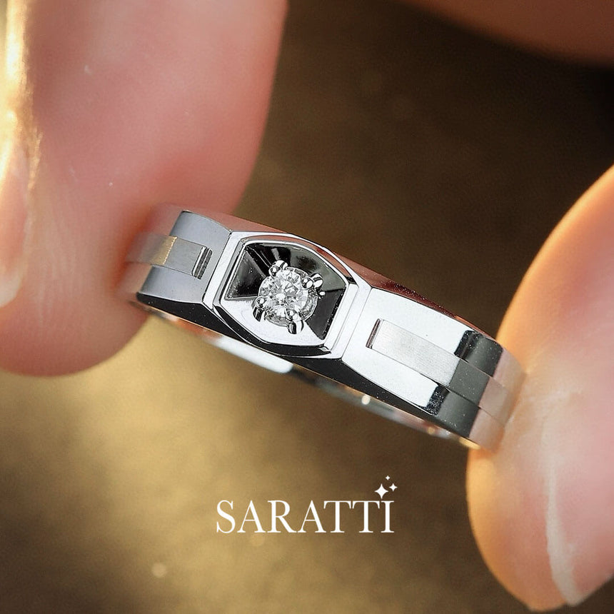 Model Holds the White Gold Six Paths Diamond Ring for Men | Saratti