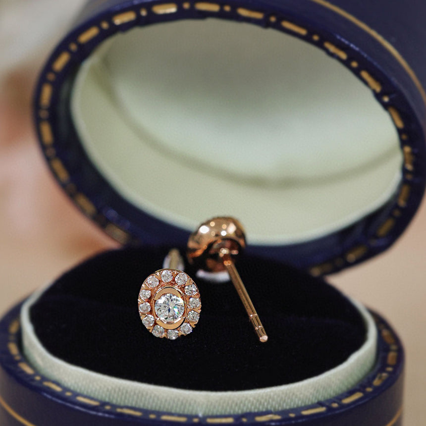 Petite Bezel Set Oval Diamond Earrings in Ring Box | Saratti | Custom High and Fine Jewelry