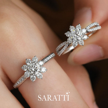 Model holds the White Gold Split Shank Fortune Compass II Natural Diamond Engagement Ring | Saratti Diamond