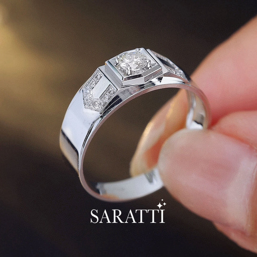 Model Holds the White Gold Art Deco Escalade Diamond Ring for Men | Saratti