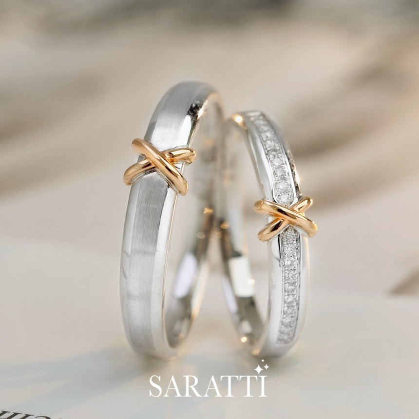 Diamond Crossover Wedding Bands in Two Tone Design | 18K Rose and White Gold | Saratti