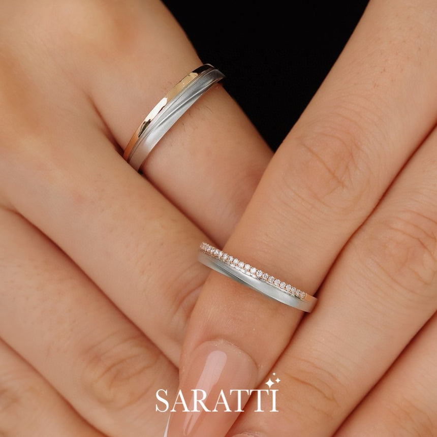 Diamond Wedding Rings in 18K Rose and White Gold For him and Her | Saratti
