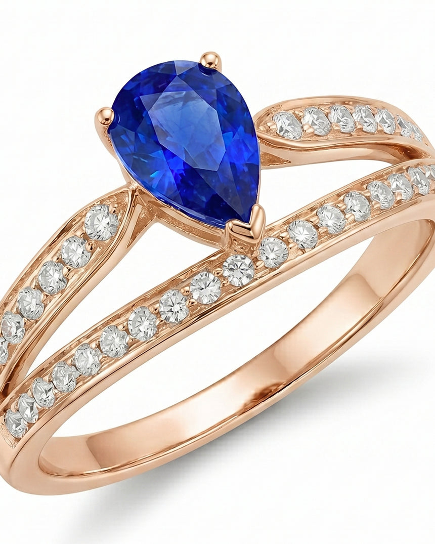 Diamond split shank sapphire ring with flowing open design in 18K rose gold | SARATTI