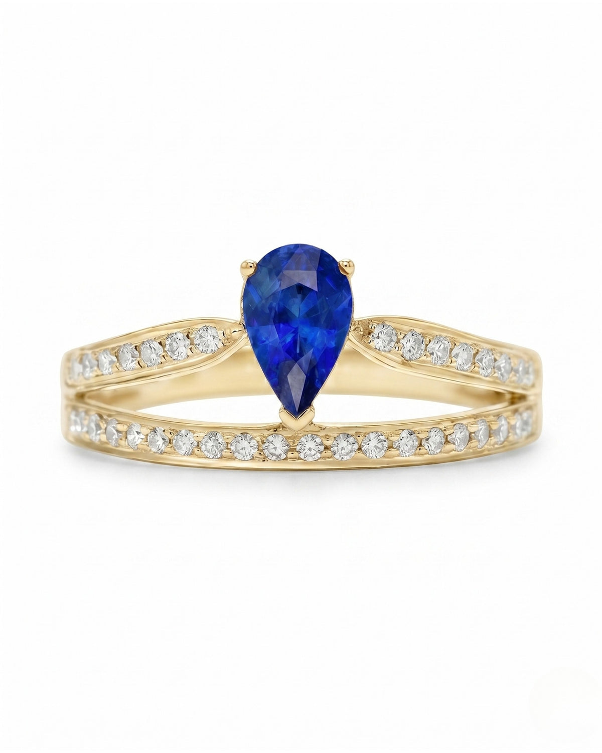 Diamond split shank sapphire ring with flowing open design in 18K yellow gold | SARATTI