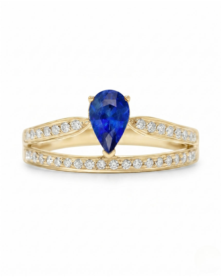 Diamond split shank sapphire ring with flowing open design in 18K yellow gold | SARATTI