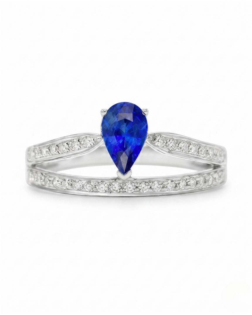 Diamond split shank sapphire ring with flowing open design in polished platinum | SARATTI
