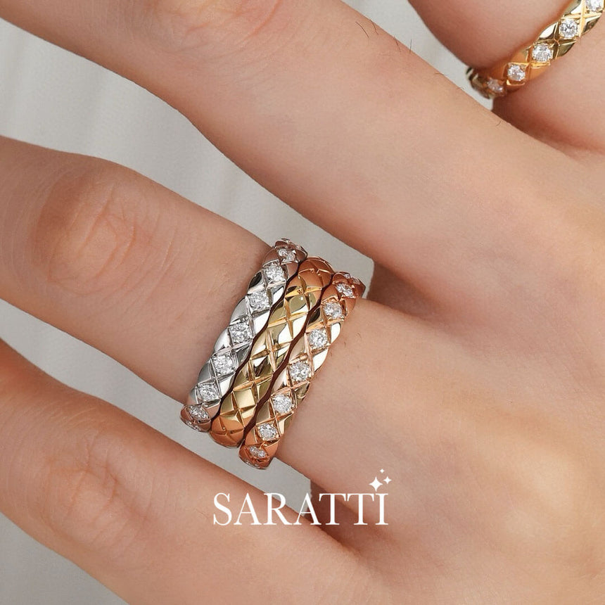 Model Stacks Four Hot Cross Diamond Eternity Bands in White, Yellow and Rose Gold | Saratti