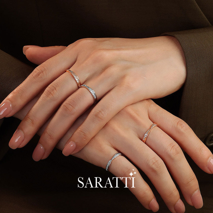 Model Wears White and Rose Gold Diamond Eternity Wedding Bands Side by Side | Saratti