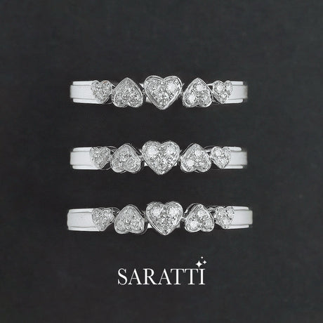 Three White Gold Five Heart Diamond Eternity Wedding Bands stacked  | Saratti