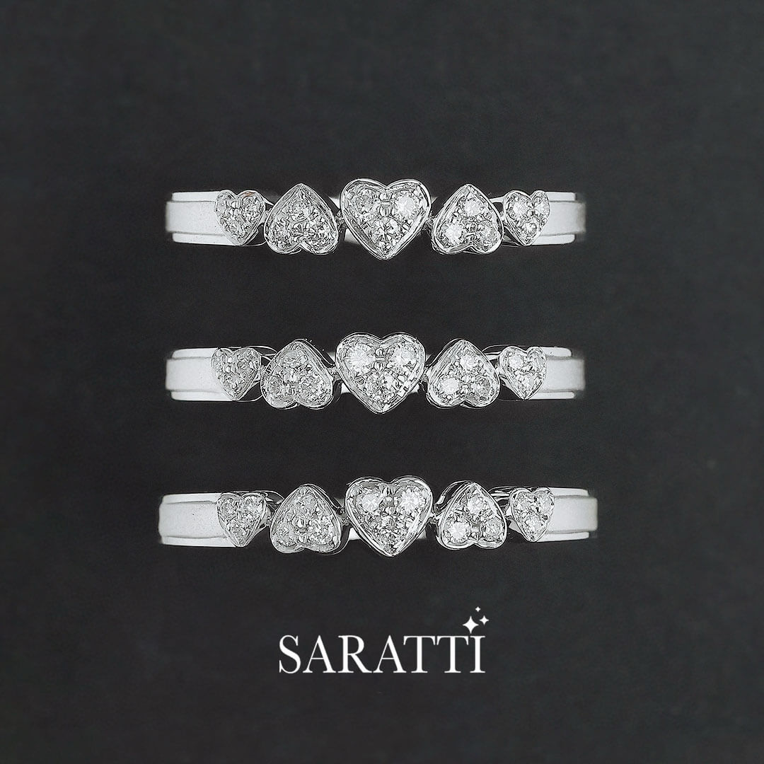 Three White Gold Five Heart Diamond Eternity Wedding Bands stacked  | Saratti 