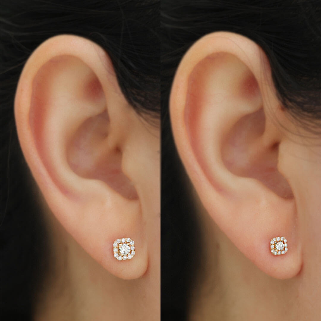 Pave Set Tiny Diamond Stud Earrings on Model's Ear  | Saratti | Custom High and Fine Jewelry