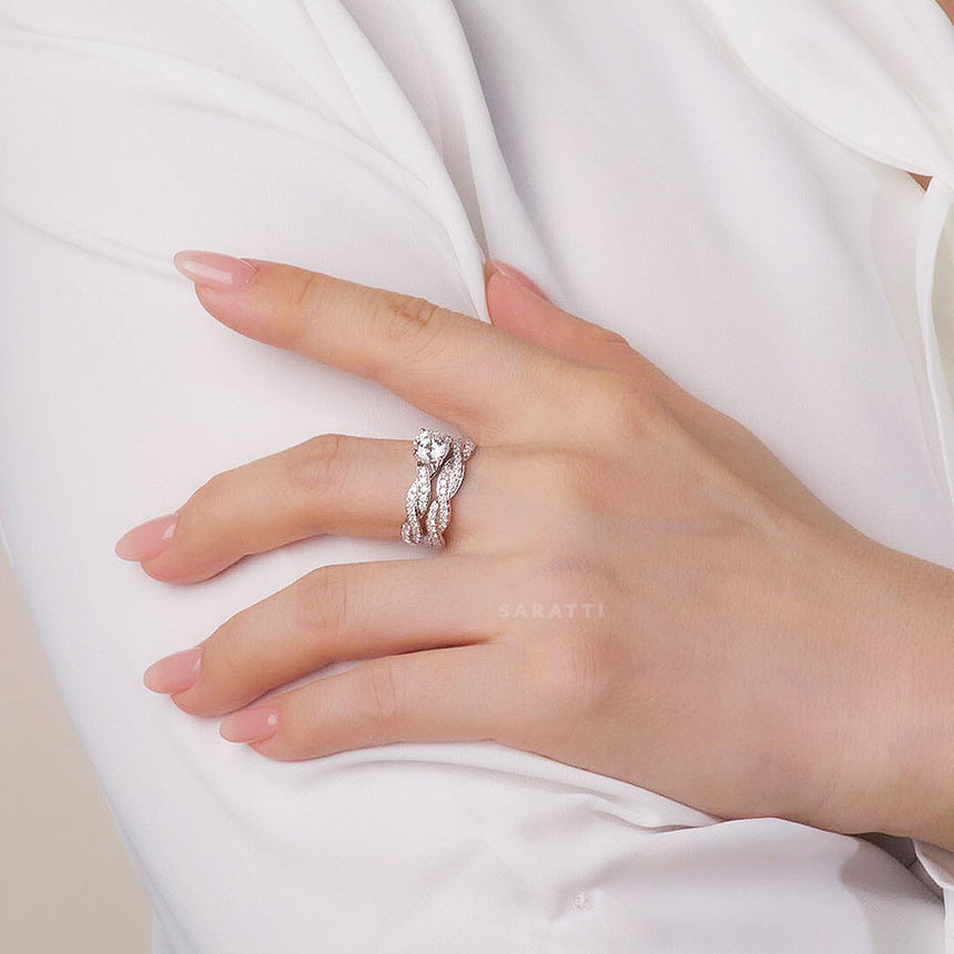 Model Wearing the 18K White Gold Floating Diamond Eternity Ring Bridal Set | Saratti