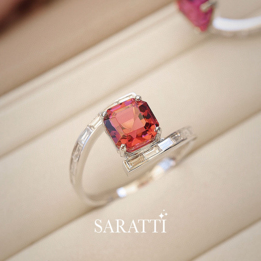 Baguette Diamonds in Focus |  Passion Amour Red Tourmaline and Diamond Ring | Saratti Fine Jewelry