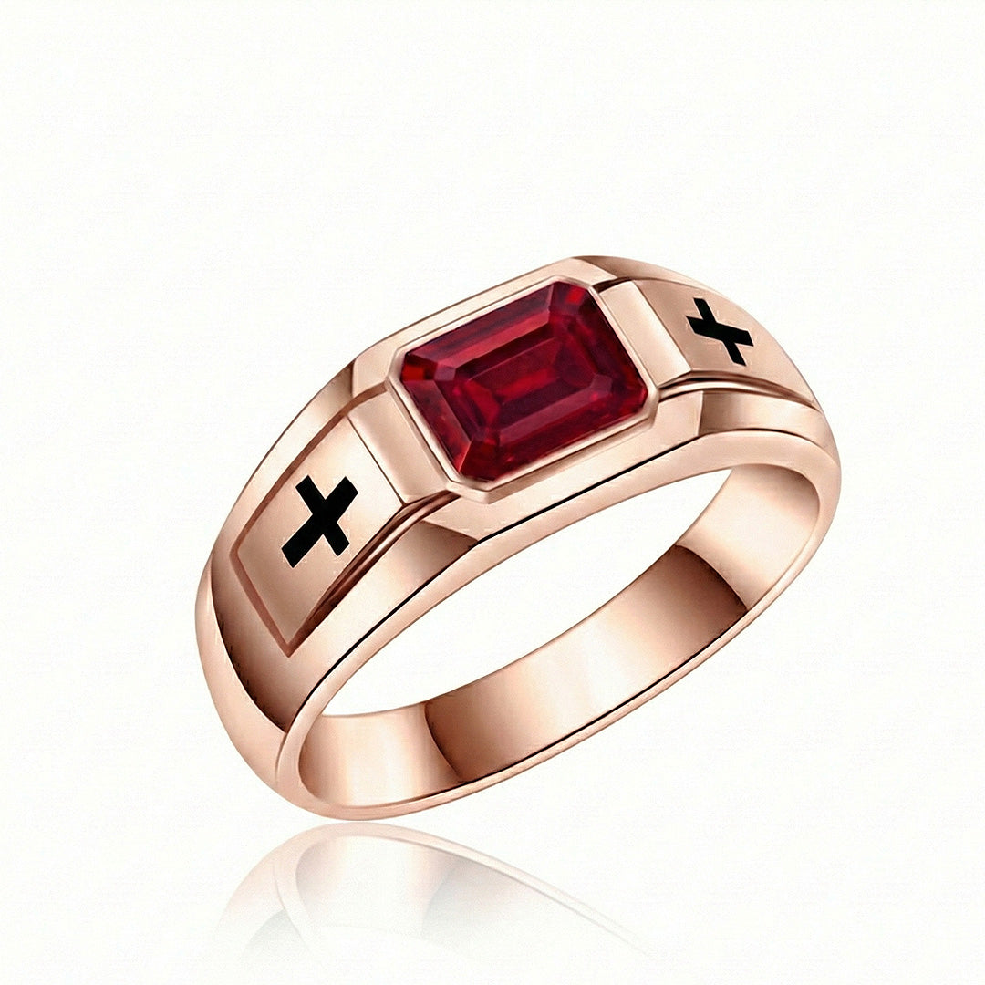 Dominion ruby cross signet band for men 18k rose gold emerald cut ruby | SARATTI