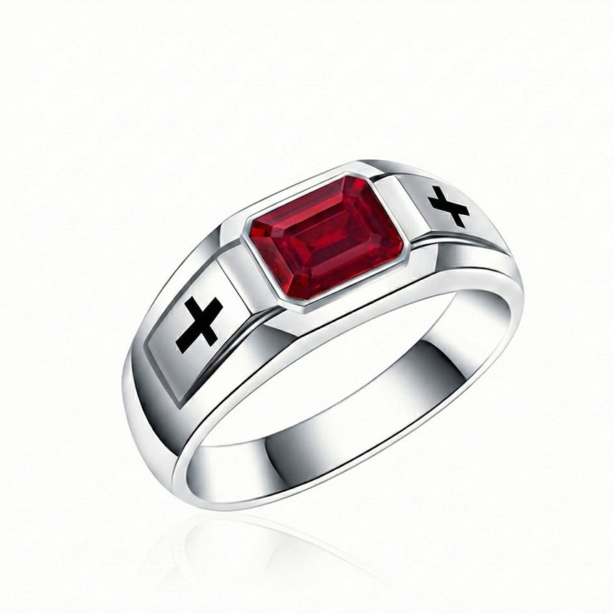 Dominion ruby cross signet band for men 18k white gold emerald cut ruby | SARATTI