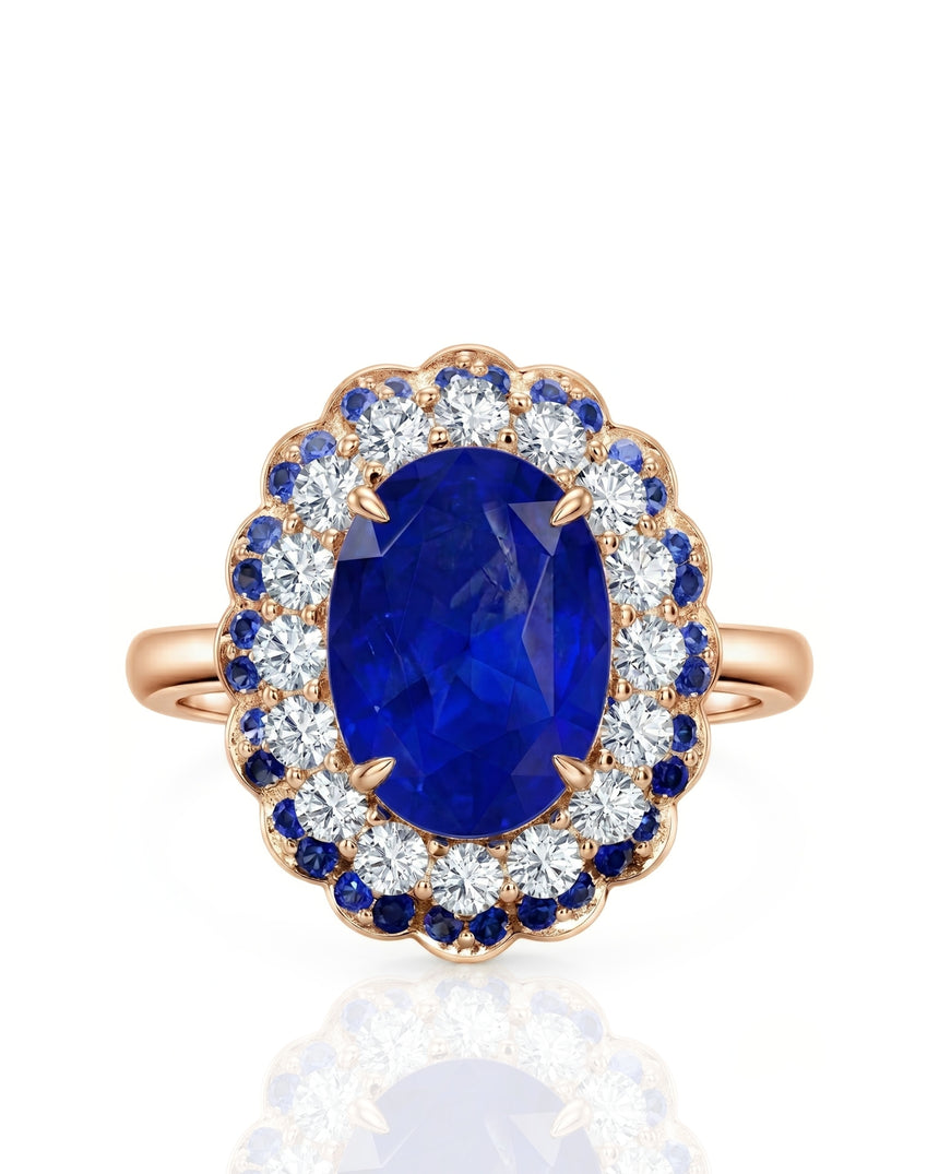 Double halo sapphire ring with round diamonds and blue sapphire accents in 18K rose gold | SARATTI