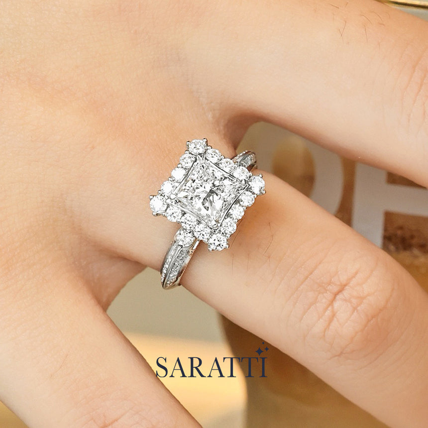 Double halo square lab diamond ring in platinum | SARATTI