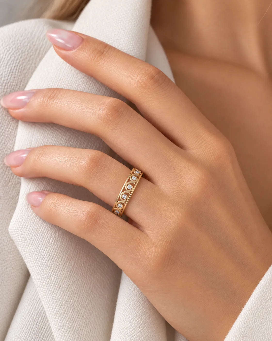 Art Nouveau diamond wedding band shown in an elegant filigree portrait | SARATTI