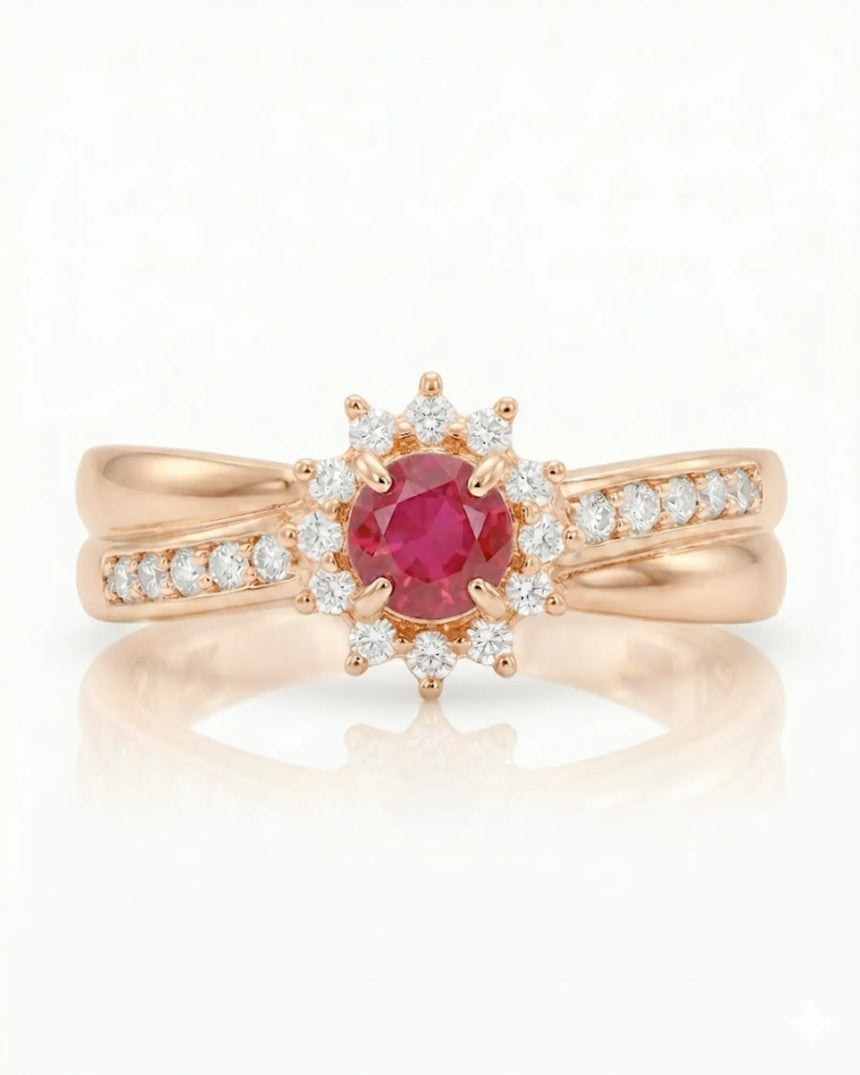 Elegant Ruby & Diamond Halo Ring in 18K Rose Gold | SARATTI